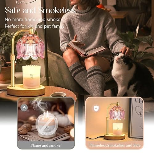 Cinsenten Adjustable Flower Candle Warmer Lamp with Timer, Lotus Tulip Glass Warmer Light for Jar Candles, Electric Wax Warming Melter, Gifts for Women Mom, Vintage Bedroom Decor (Pink) thumbnail 4