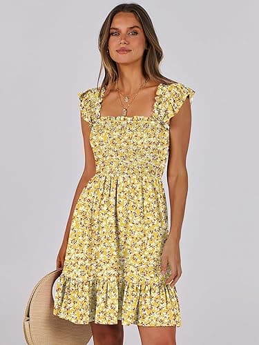 Prinbara Womens Summer Casual Square Neck Smocked Short Sundress 2025 Spring Beach Vacation Flowy Cute Teen Boho Dresses - Floral Yellow - X-Small thumbnail 2