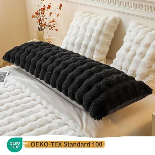 LIFEREVO Fluffy Faux Rabbit Fur Body Pillow Cover, Luxury Bubble Waffle Shaggy Plush Bed Body Pillowcase with Zipper Closure, Long 20"x54" Fuzzy Furry Pillow Case for Adults Kids Girls Teens, Black thumbnail 3