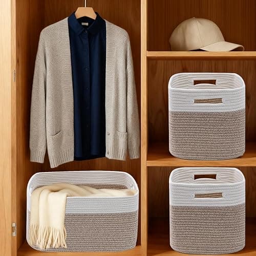 HZFTJOY 3 Pack Woven Baskets,Storage Baskets for Shelves with Handles | 13.5"×11"×9.5" Closet Baskets, Nursery Organizer for Toys Towels Books, Storage Bin for Living Room Bedroom (White&Brown) thumbnail 8