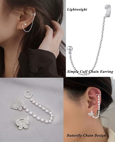 Tornito 6-12Pcs Cuff Earring Chain Leaf Snowflake Star Butterfly with CZ Crawler Climber Earring Studs Drop Dangling Chain Wrap Tassel Earring for Women Men 20G Silver Gold Tone thumbnail 4