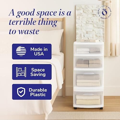 HOMZ Drawer Tower, 4-Tier Clear Plastic Storage Organizer Cart, White Frame – Rolling Containers with Wheels for Bathroom, Bedroom, Office, and Classroom Organization thumbnail 6