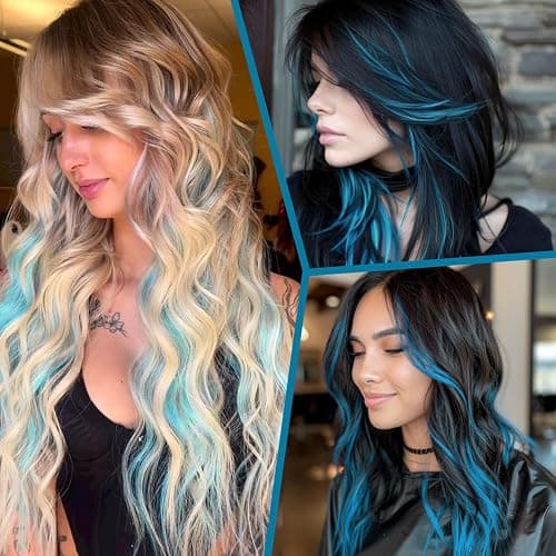 10 Pcs Blue Hair Extensions | 22 In Long Straight Fake Hair | Clip In Hair Extension | Hair Accessories for Girls (Lake Blue) thumbnail 7