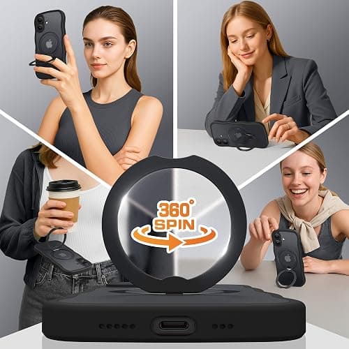 GolbinBox for iPhone 16 Case, [Compatible with Magsafe][360° Spin Magnetic Stand][Military-Grade Protection][Camera Control][Cute Wave Edge] Translucent Matte Women Phone Cover for iPhone 16, Black thumbnail 7