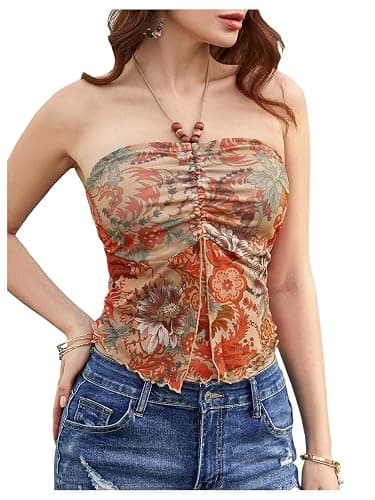 BEAUDRM Women's Y2k Hippie Vintage Boho Tops Gothic Mesh Tie Back Halter Going Out Top Western Fairy 2000s Clothing - Image 1