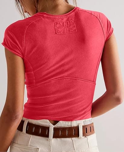 Aimiray Women's Y2k Basic Tees Short Sleeve Fitted Baby Tees Slimming White Cute Crop Tops Summer Tight Shirts thumbnail 2