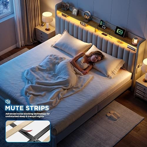 EnHomee Full Size Bed Frame with 2 Drawers, LED & Charging Station, Beige | 2-Tier Storage Headboard, heavy duty 1000lbs wooden slats for bedroom & apartment, noise-Free, Easy Assembly thumbnail 7