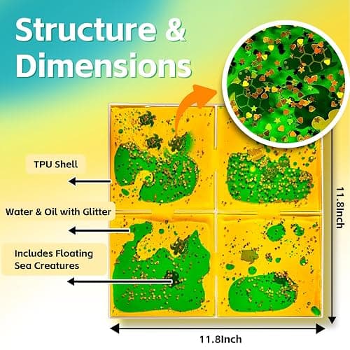 JUEOQOY Squishy Liquid Sensory Tiles for Kids Ages 3+ – 12" Soft Tactile Visual Pads with Ocean Creatures, Glitter & Colorful Liquid for Calm Corner, Classroom, Desk or Home (9-Pack) thumbnail 2