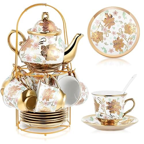 Zhehao 20 Pcs Porcelain Tea Set with Metal Holder and Spoon Adult Ceramic Tea Party Set European Flower Painting Teapot Cup Saucer Spoon Set for Women, Large Version(Elegant Style)