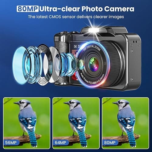 Digital Camera, 5K 80MP 3.5"+2" Dual Screen Cameras for Photography Autofocus, 18X Digital Zoom Vlogging Camera for YouTube, Travel, Beginners, Include 64GB Card and 2 Batteries thumbnail 3