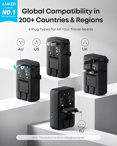 Anker Nano Travel Adapter, 5-Port Power Adapter with 1× 2-Pin AC, 2 USB A, 2 USB C for 20W, Smart Temperature Control, Works in 200+ Countries, Not a Voltage Converter, Travel Essentials (1-Pack) thumbnail 2