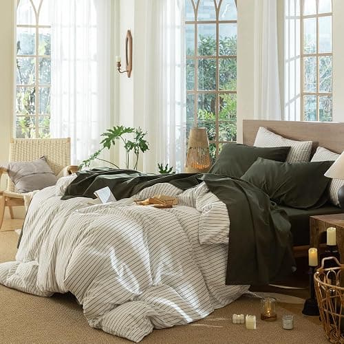 MooMee Bedding Sheet Set 100% Washed Cotton Linen Like Textured Breathable Durable Soft Comfy (Solid Olive Green, Queen) thumbnail 3