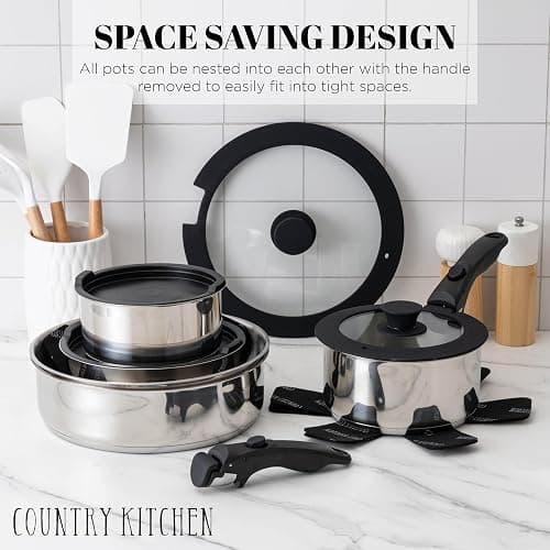 Country Kitchen Cookware Set with Removable Handle, Oven & RV Safe Pots and Pans Set, Stainless Steel, Original thumbnail 4