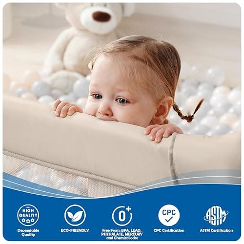 Sweeby Baby Playpen, 59x59 Inch Gate Foldable for Babies and Toddlers, Extra Large with Door Play Yard for Fence Indoor and Outdoor, Light Khaki thumbnail 6