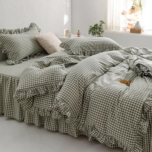 mixinni Green Ruffle Duvet Cover King Size 3 Pieces – 100% Washed Cotton, Vintage Plaid Ruffled Bedding Set with Zipper Ties, Soft Checkered Grid Farmhouse Chic Comforter Cover Set thumbnail 2