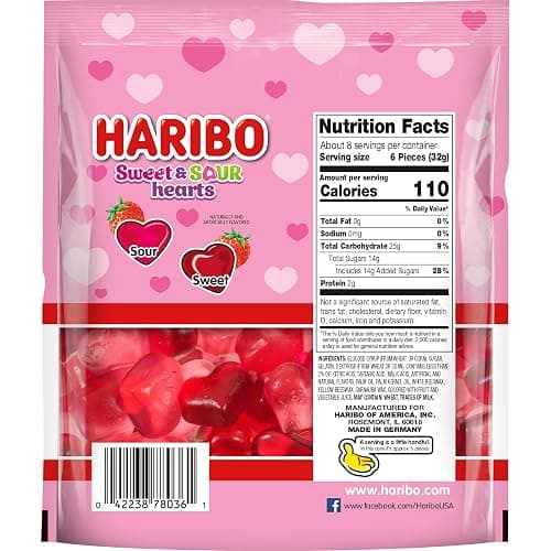 HARIBO Gummi Candy, Sweet & Sour Strawberry Hearts Gummy Candy, 9 Ounce Resealable Share Size Bag, Delicious Soft & Chewy Snacks, Valentine's Day Limited Edition thumbnail 2