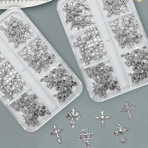 TESGADGETS 60 Stück 3D-Nagelanhänger aus Metalllegierung mit Kristallkreuzen – ideal für DIY-Punk-Nagelkunst von Frauen und Mädchen, mit Strasssteinen, Silber thumbnail 5