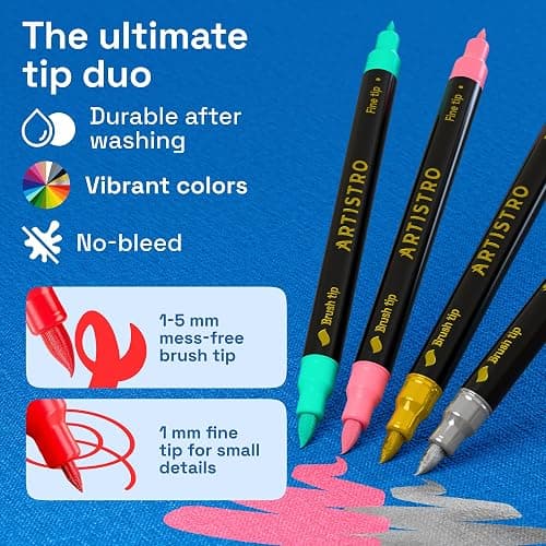 ARTISTRO 24 Dual-Tip Fabric Markers - Fabric Decorating Kit - Permanent for Clothes - Acrylic Paint Pens for Sneakers, Bags, Shoes, Textile, Canvas, Sewing, Craft, DIY - Brush and Fine Tip thumbnail 5