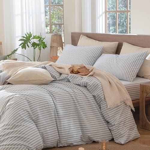 MooMee Striped Duvet Cover Set 100% Washed Cotton Linen Like Textured Breathable Durable Soft Comfy (Cornflower Blue White Classic Stripes, Twin 68"x90") thumbnail 4