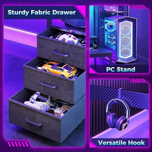 Casaottima 48 Inch Gaming Desk with Hutch & 3 Fabric Drawers, Computer Desk with USB Ports & LED Lights, Reversible Pc Gamer Table with Monitor Stand for Home Office, Carbon Fiber Black thumbnail 7