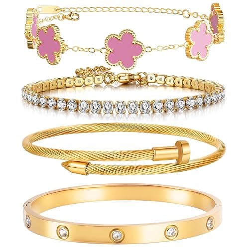 18K Gold Plated Womens Stackable Floral Gold Clover Bracelets Set Love Bangle Bracelets Non Tarnish, Nail Bracelet Set Trendy Jewelry,Gifts for Women's Day and Mother's Day - Image 1
