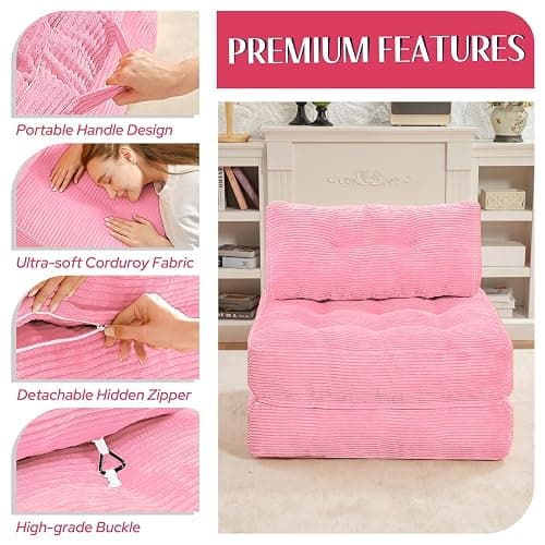 HABUTWAY Folding Sofa Bed, Convertible Sleeper Chair Bed w/Dual-Pillow & Handle, Foldable Floor Sofa Lounge w/Back Support for Living Room, Bedroom, Apartment, Office, Single, Pink thumbnail 6