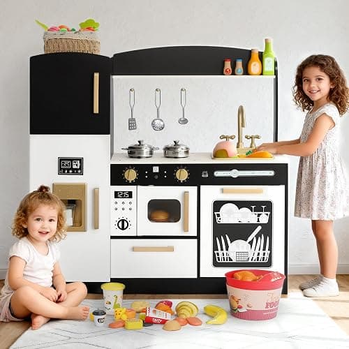 Kinder King Wooden Kids Play Kitchen, Toy Kitchen Playset for Toddler, Play Kitchen Set w/Blackboard, Transparent Coloring Board, Pretend Dishwasher, Oven, Ice Maker, Gift for Boys Girls Age 3+, Black thumbnail 6