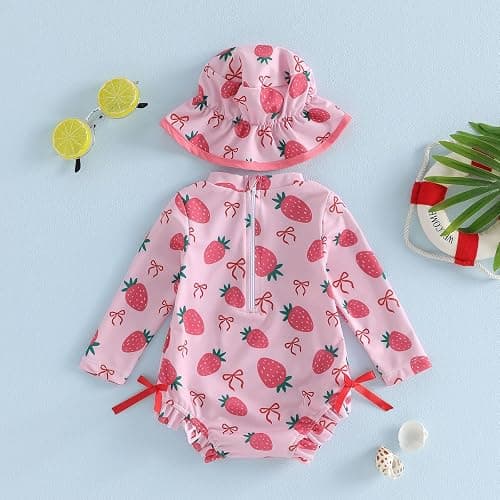 fhutpw Baby Girl Swimsuit One Piece Fruit Printed Long Sleeve Rash Guard with Hat Infant Toddler Beach Bathing Suit thumbnail 6