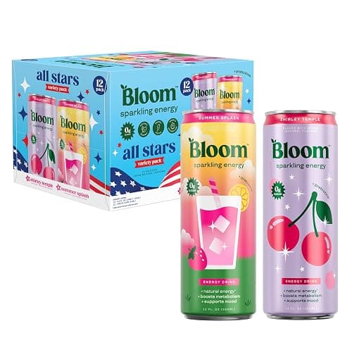 Bloom Nutrition Sparkling Energy Drink - Natural Caffeine, Zero Sugar, 180mg Caffeine - Antioxidant-Rich with Green Coffee Bean, Green Tea Extract, Prebiotics - All Stars Variety Pack - 12oz 12 Pack - Image 1