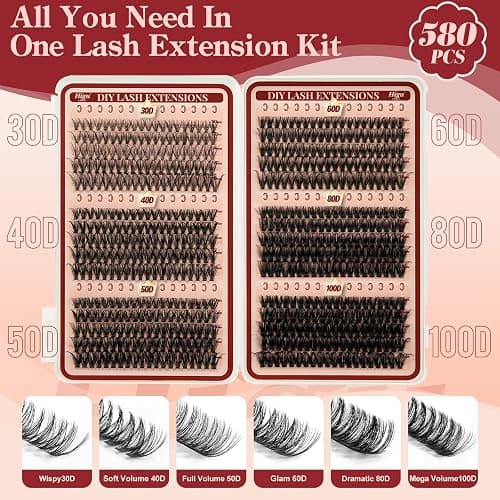 Higu clace Lash Clusters Kit 580pcs 30D+40D+50D+60D+80D+100D Lash Clusters 6 Styles Mixed 10-18MM With Bond And Tweezer, Wispy Cluster Eyelash Extensions, Easy to Use, Can DIY at Home thumbnail 7