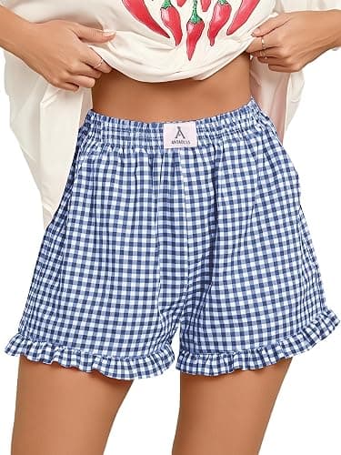 ANRABESS Boxer Shorts for Women,Gingham Plaid Elastic Waist Ruffle,Perfect for Lounge,Pajama&Sleep,Cute Casual Summer Bottoms - Image 1