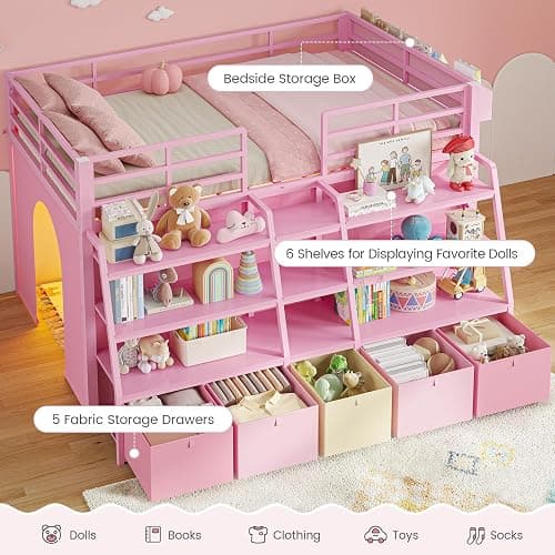 MSmask Low Loft Bed Twin with Stairway Shelf Storage, 5 Drawers, Pink | Heavy Duty Metal Kids Loft Bed with Beside Box Storage, LED Lights, Safety Guardrail, Under-Bed Play Space, Spave Saving thumbnail 3