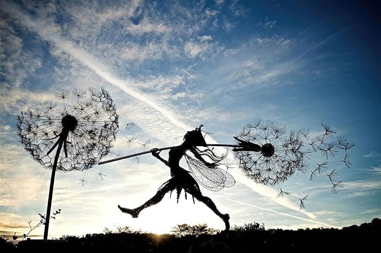 Fcteap Flower Fairy Dancing with Dandelion Garden Art Sculpture Stainless Steel Statue Christmas Halloween Decoration for Outdoor Yard Courtyard Lawn Patio Metal Ornaments (Long Travel) thumbnail 3