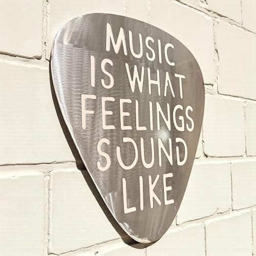Top Brass Jumbo 16" Metal Guitar Pick Wall Art – “Music Is What Feelings Sound Like” Quote – Steel Wall Décor – Music Room, Studio, or Man Cave Art (Brushed Silver) thumbnail 7