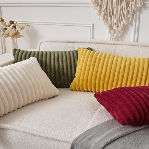 UGASA Lumbar Throw Pillow Cover 12x20 Inch Set of 1 Super Soft Faux Fur Decorative Pillow Case Plush Flannel Texture Accent Rectangle Pillowcase for Sofa Couch Living Room Chair, Cream White thumbnail 2