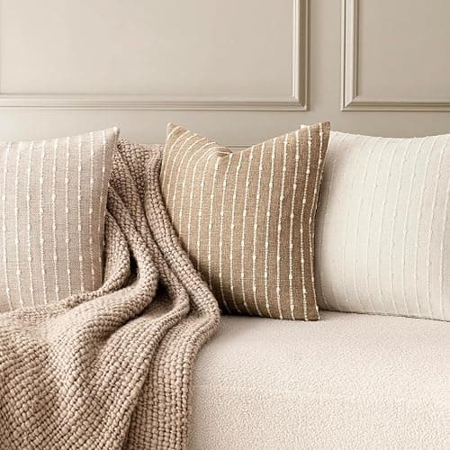 Foindtower Pack of 2 Decorative Jacquard Boucle Throw Pillow Covers Accent Textured Striped Pillowcases Soft Boho Modern Cushion for Couch Sofa Bedroom Living Room Home Decor 20x20 Inch Natural Beige thumbnail 6
