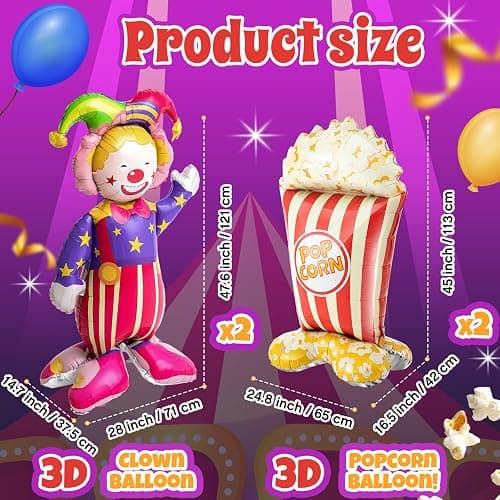 Charnoel 4 Pcs 4ft 3D Self Standing Popcorn Clown Balloons Giant Circus Carnival Foil Balloon for Carnival, Circus Themed, Movie Night Birthday Party Decoration thumbnail 2