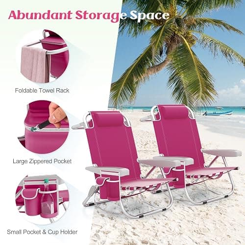 Giantex Beach Chair, Foldable Backpack Chair with 5 Adjustable Position, Cup Holder, Storage Pockets, Straps, Towel Rack, Pillow, 330lbs Aluminum Lay Flat Chairs for Outdoor Camping, Pink thumbnail 7