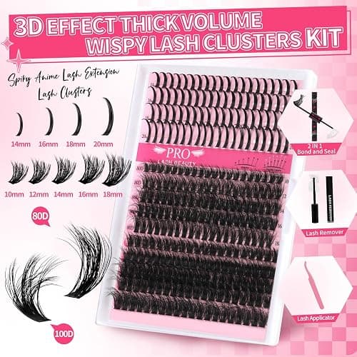 PROLASHBEAUTY Lash Clusters with Spikes Lash Clusters Kit 3D Style Individual Lashes Kit with Bond and Seal Lash Tweezers Remover Easy to Apply at Home (80D+100D-D-10-18mix) thumbnail 2