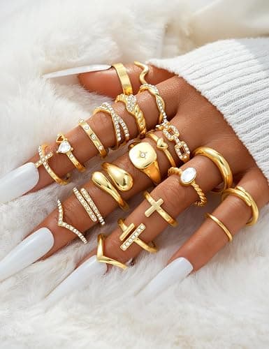 Gold Stackable Rings Set for Women, Gold Plated Chunky Crystal Finger Rings | Midi Stacking, Women's Rings, Dainty Statement Thumb Knuckle Rings Pack, Multiple Sizes Jewelry, Ideal Gift thumbnail 2