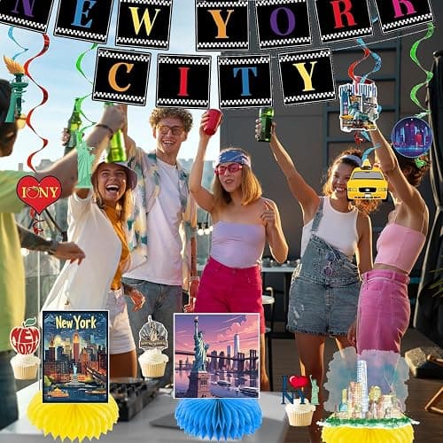 36PCS New York City Party Decorations with 2PCS American Nyc Banner 12PCS Cityscape Broadway Hanging Swirl Decorations 4PCS Honeycomb Centerpieces 24PCS New York Cupcake Toppers thumbnail 8