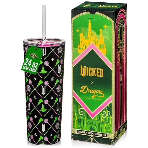 Dragon Glassware x WICKED Vacuum Insulated Tumbler with Lid and Straw - 24 oz Tumbler Cup with 2 Straws - Stainless Steel Tumbler with Straw for Water, Iced Tea - Wicked Movie Green Tumbler with Straw - Image 1