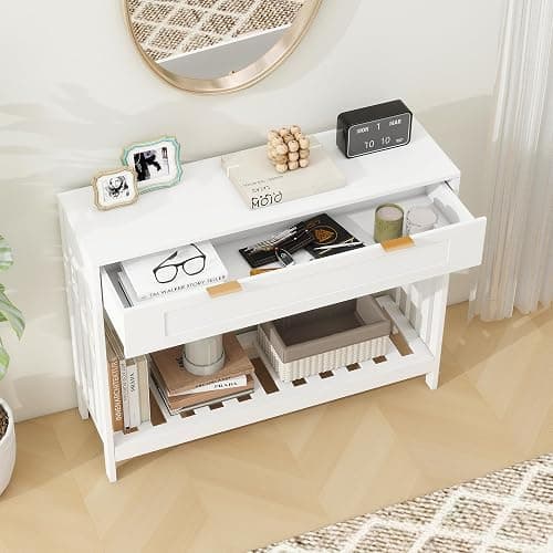 Entryway Table with Drawers Narrow Accent Sofa Table with Storage Shelf, Modern Wooden Console with Drawer Entry Table Storage Slats Shelf for Living Room,Entryway, Foyer, Hallway, White thumbnail 6