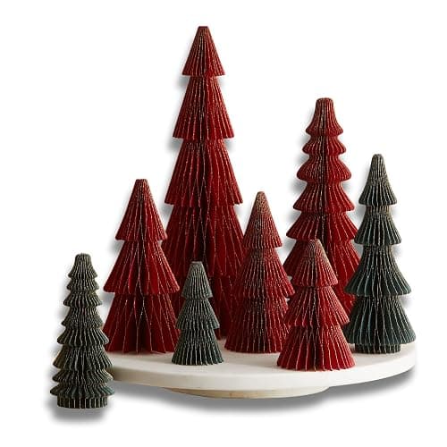 Honeycomb Paper Tree Set of 8 Classic Christmas, Red Green Holiday Mantel Décor, Glitter Gold Edging, Vintage-Inspired Trees, Nostalgic Centerpiece (Set 8 Classic) - Image 1