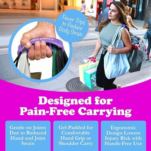 Click & Carry Grocery Bag Carrier Handle - Carry More in Fewer Trips, 100lb Capacity, Hands-Free, Gel-Padded Ergonomic Design, Shopping & Grocery Bag Holder - As Seen On Shark Tank, Purple, 2 Pack thumbnail 4