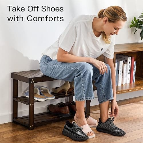Pipishell 3 Tier Bamboo Shoe Rack Bench for Entryway, Brown | 100% natural bamboo, sturdy and durable, 300 lbs weight capacity, space-saving shoe organizer, easy assembly, holds 6–8 pairs thumbnail 4