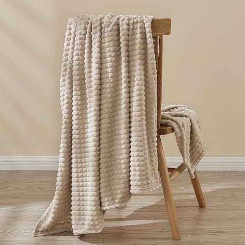 EMME Fleece Throw Blanket for Sofa, Soft, Fluffy, 3D Touch Experience, Warm Cozy Throw, Versatile Single Flannel Blanket for Bed, Couch, Sofa, Armchairs, OEKO-TEX (Beige, 130x150cm) thumbnail 3