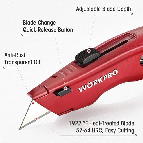 WORKPRO Premium Utility Knife, Retractable All Metal Heavy Duty Box Cutter, Quick Change Blade Razor Knife, with 10 Extra Blades thumbnail 2