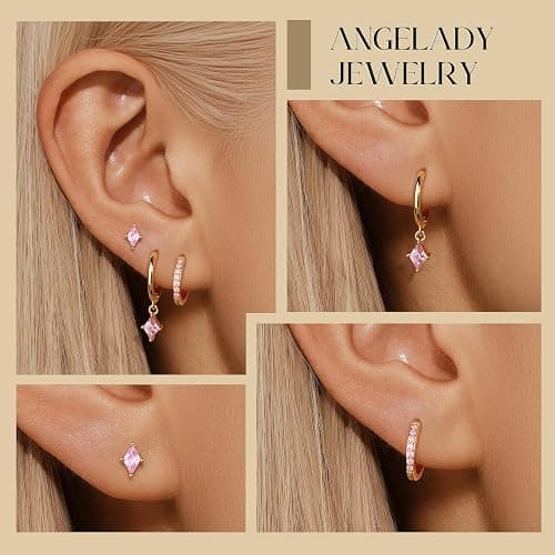 3 Pairs 925 Sterling Silver Colored CZ Hoop Earrings Set for Women | Hypoallergenic Comfort, Huggie, Dangle and Stud Styles for Multiple Piercings, Dainty Ear Stack, Gift for He thumbnail 4