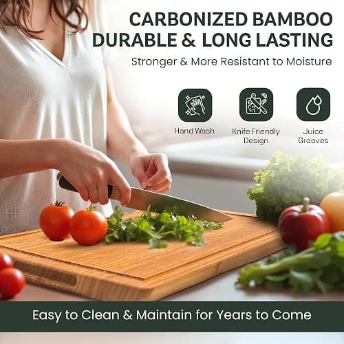 Large Bamboo Cutting Board - 17” Wooden Chopping Block for Kitchen, Charcuterie & Cheese Board with Side Handles and Deep Juice Groove by Bambüsi thumbnail 3